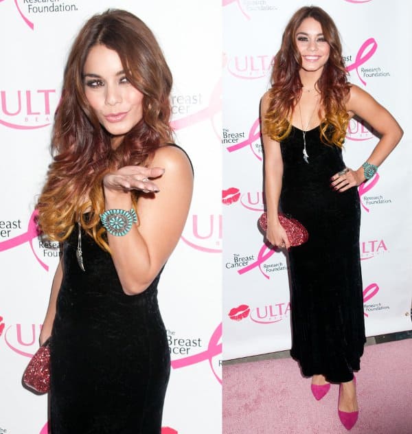 Vanessa Hudgens attended the 2nd annual Ulta Beauty "Donate with a Kiss" event on October 3, 2013, wearing a Nashelle mini heart choker identity necklace, Alice + Olivia Dina suede pumps, and an Edie Parker confetti clutch