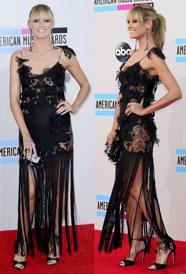 Heidi Klum stuns in a sheer lace Marchesa dress with a fringe bottom at the 2013 American Music Awards, adding a unique touch to her red carpet look