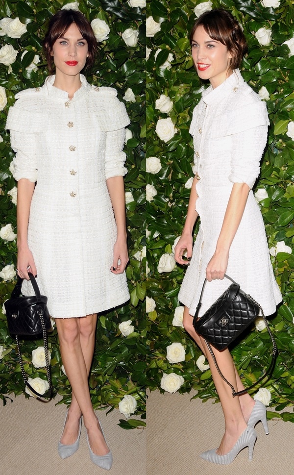 Alexa Chung's Chanel dress with statement shoulders and floral buttons