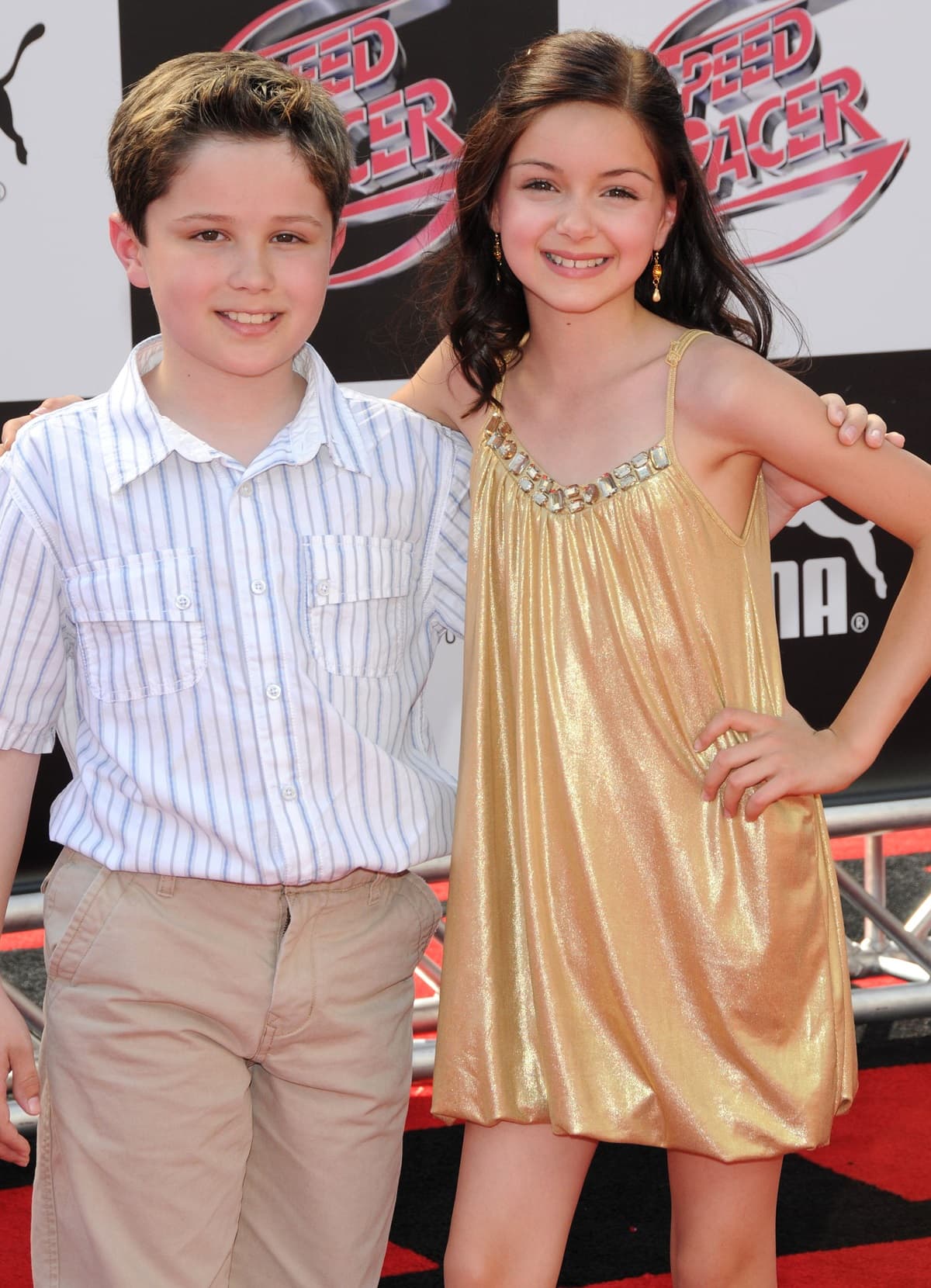 Ariel Winter, 10, and Nicolas Ellia, 11, attend the world premiere of the 2008 sports action comedy film Speed Racer