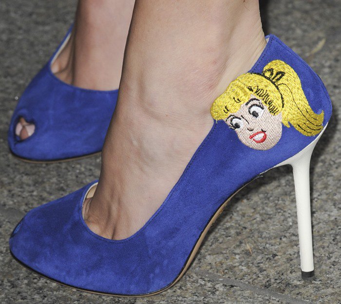 Bella Thorne's feet in blue suede Betty & Veronica pumps