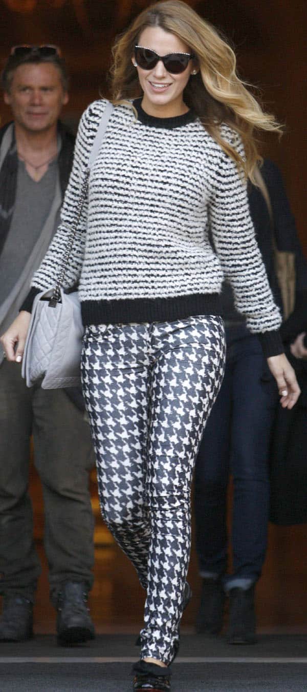 Blake Lively pairs houndstooth pants with Christian Louboutin's Gine patent leather flats