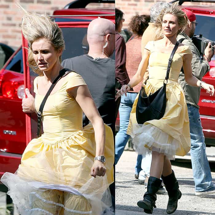 Cameron Diaz faces the wind in a flowing yellow dress while filming an action-packed scene for ‘Knight and Day,’ showing her adventurous side on set