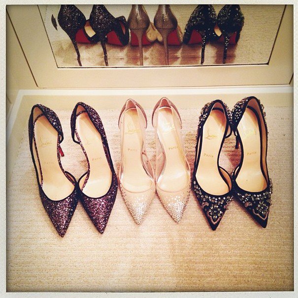 Before attending a gala on Saturday in Los Angeles, Rosie Huntington-Whiteley tweeted this picture with the caption "Which ones for tonight?? @louboutinworld #PartyFeet"