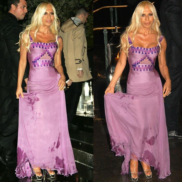 Donatella Versace holding her water-stained dress after tripping on the stairs at Sir Elton John's 60th birthday party held at Cathedral Church of St. John the Divine in New York City on March 24, 2007