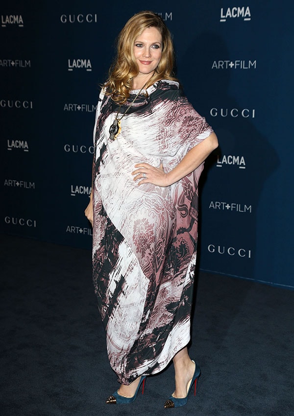 Drew Barrymore's boldly printed crepe dress can be worn back to front