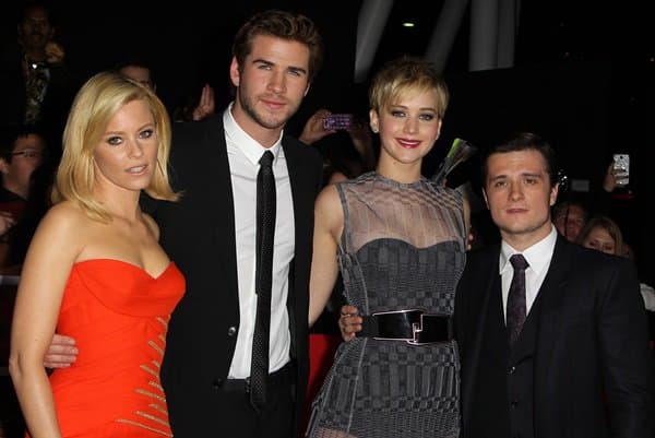 The cast of 'The Hunger Games: Catching Fire' - Elizabeth Banks, Liam Hemsworth, Jennifer Lawrence, and Josh Hutcherson - at the Los Angeles Premiere on November 19, 2013