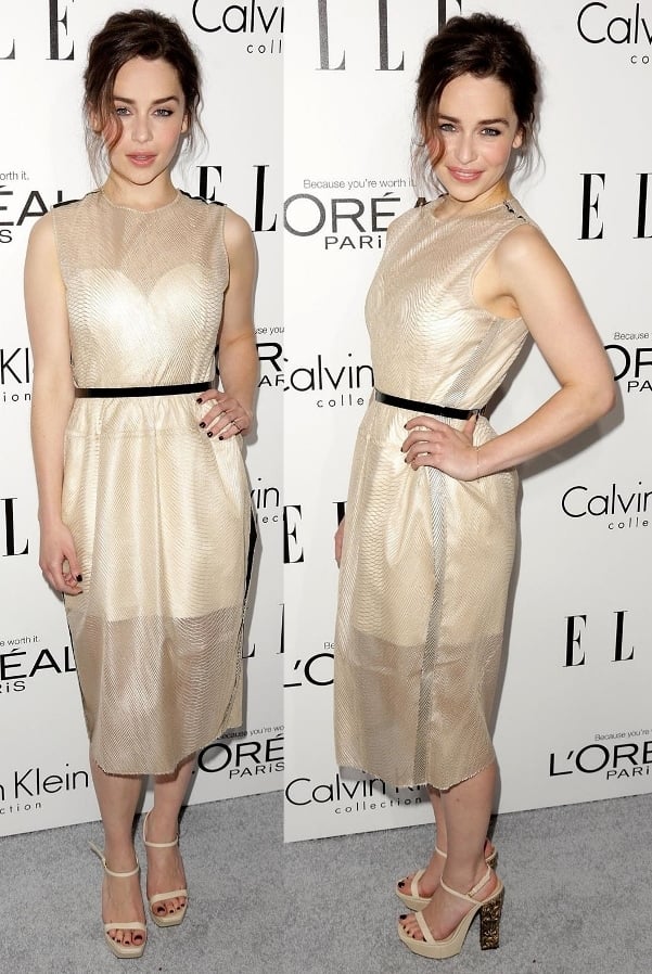 Emilia Clarke in a strapless mini dress at ELLE's 20th Annual Women in Hollywood Celebration