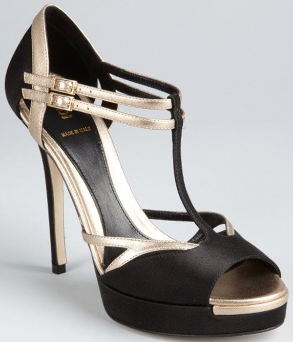 Fendi Black-and-Champagne Silk-and-Leather Strappy Platform Sandal