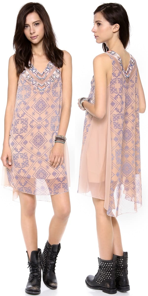 Zigzag patterns effect the look of embroidery on a filmy chiffon Free People dress