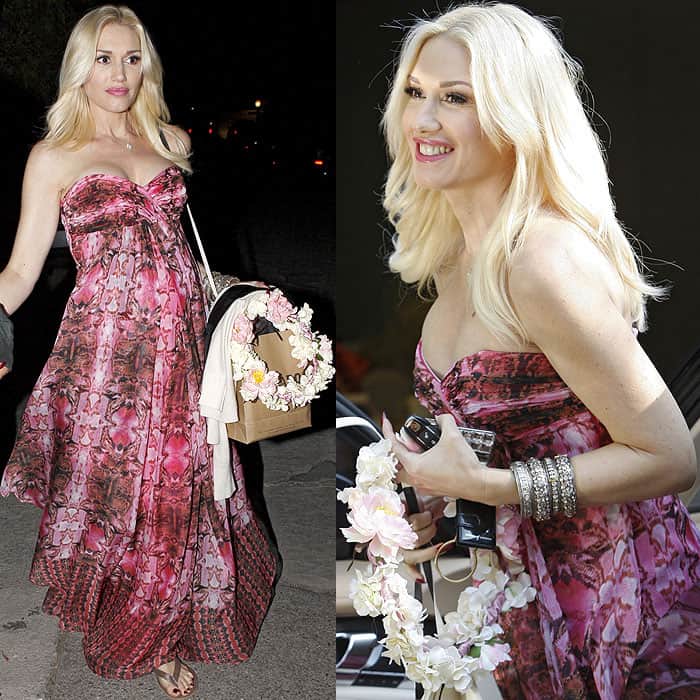 Gwen Stefani shows off her baby bump in a strapless pink floral dress at Tony Kanal's wife's baby shower in Los Feliz, Los Angeles