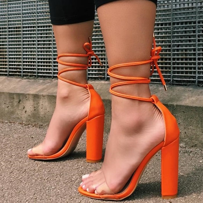 Orange Harley Clear Lace Up Block Heels