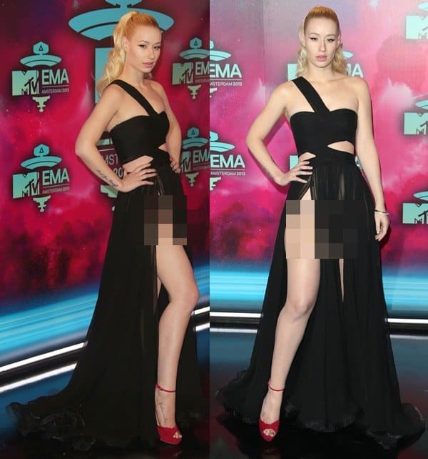 Iggy donned a couture black one-shoulder sheer gown from Dilek Hanif's Spring 2011 collection paired with red open-toe, ankle-strap sandals