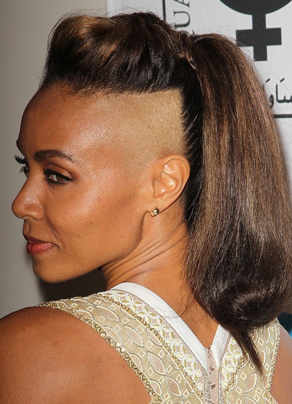 Jada Pinkett Smith showcased a shaved and dyed side section of her hair, with the remainder pulled up into a ponytail