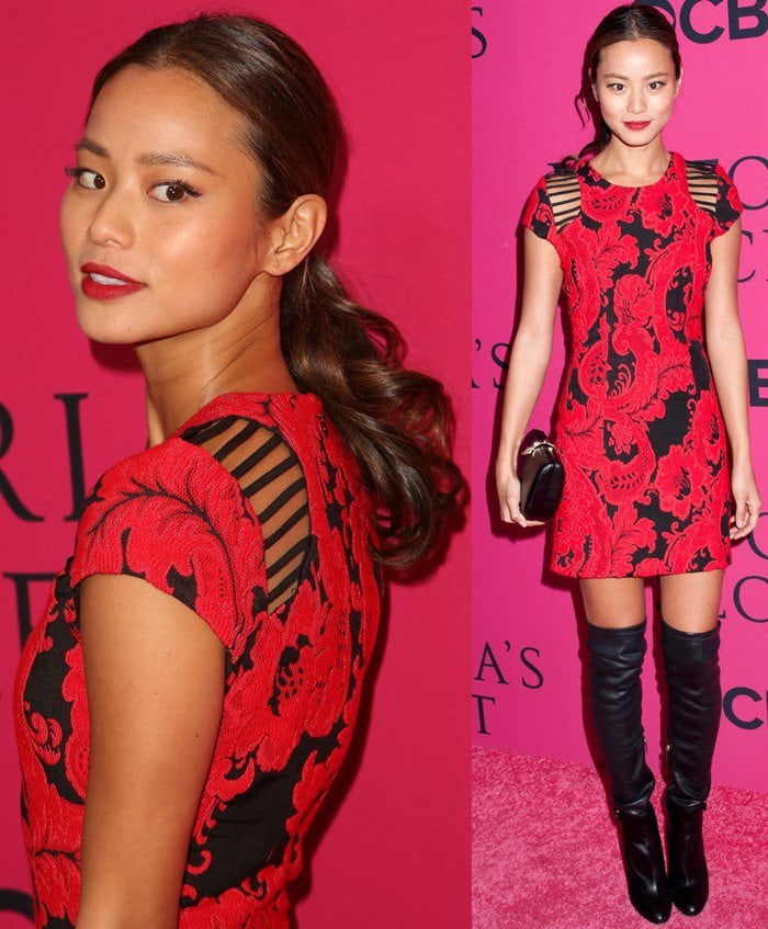 Jamie Chung in a brocade red-and-black sheath dress by Parker