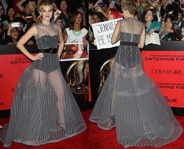 Jennifer Lawrence stuns in a dark-and-light-grey knitted evening gown by Christian Dior at the LA premiere