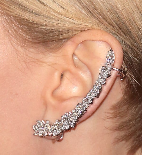 Jennifer Lawrence's dazzling Ana Khouri diamond ear cuff at the Paris premiere of The Hunger Games: Catching Fire
