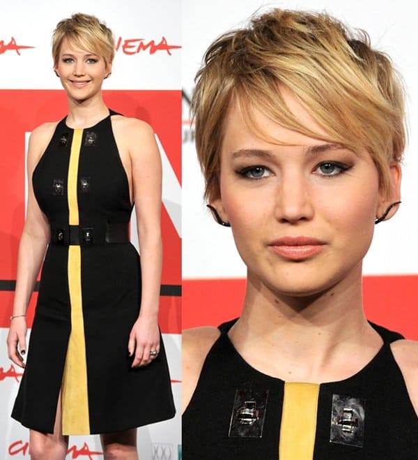 Jennifer Lawrence's sleek black earrings perfectly complement her Proenza Schouler shift dress at The Hunger Games: Catching Fire photocall during the Rome Film Festival on November 14, 2013