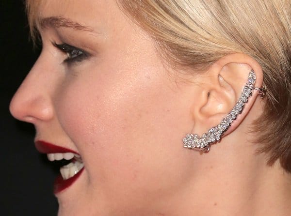 Close-up of Jennifer Lawrence's stunning wingtip earrings by Anita Ko