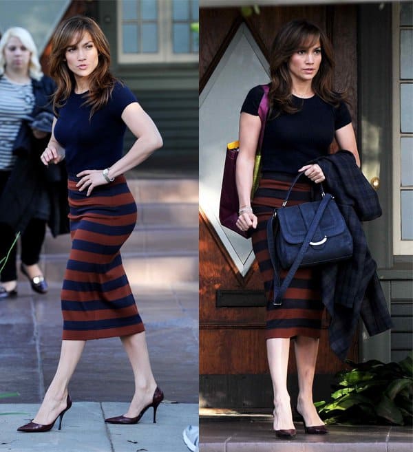 Jennifer Lopez looking stylish in a knitted top and striped pencil skirt, highlighting her enviable curves while on set in Los Angeles