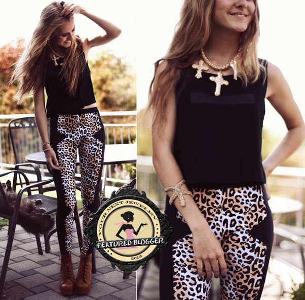 Fashion blogger and photographer Jessica Christ paired her multi-cross necklace jewelry with a fabulous pair of leopard pants