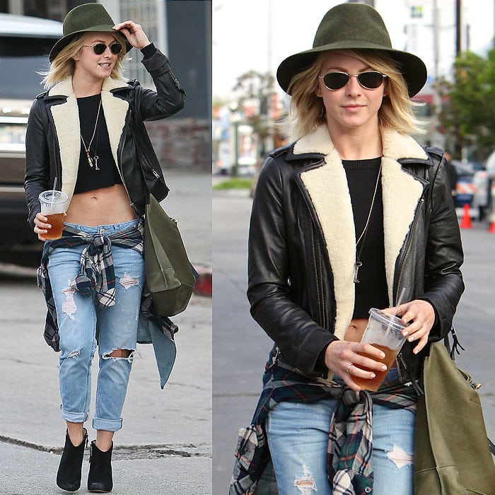 Julianne Hough pairs a shearling-lined leather jacket with a crop top and ripped jeans