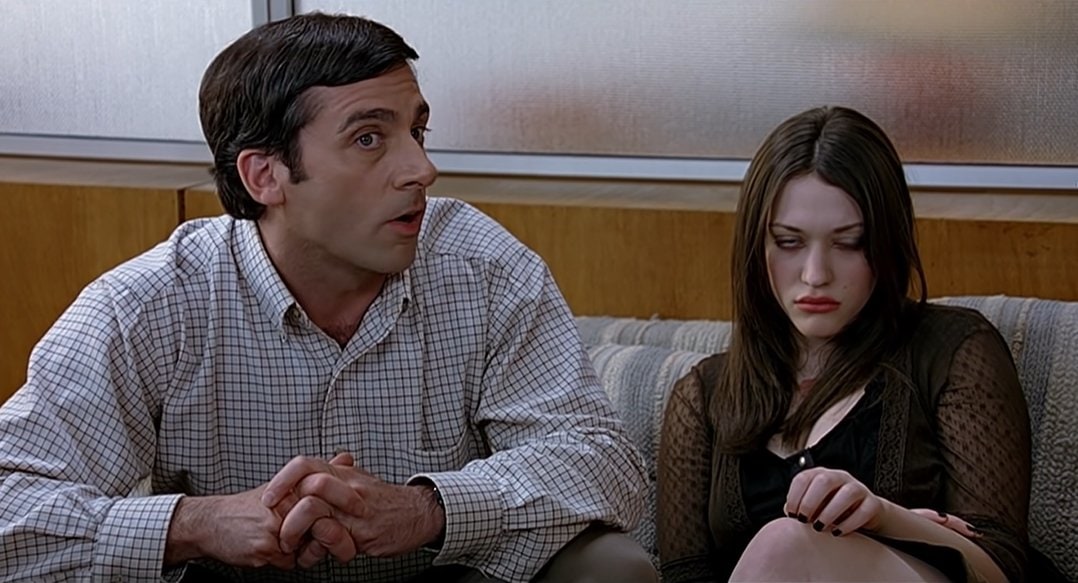 Steve Carell as Andy Stitzer and Kat Dennings as Marla Piedmont in the 2005 American romantic comedy film The 40-Year-Old Virgin