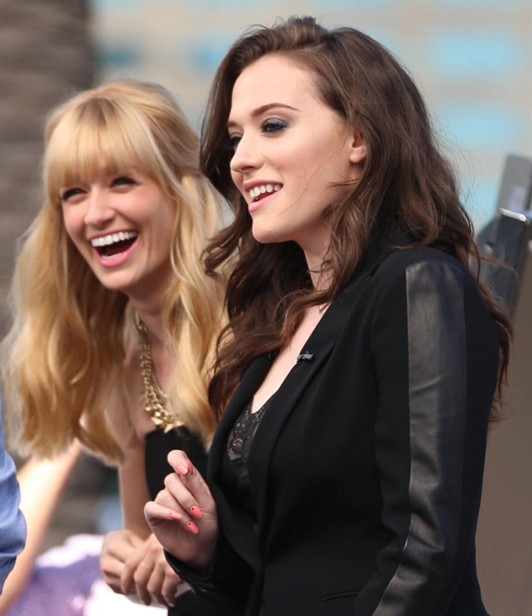 Kat Dennings and Beth Behrs from 2 Broke Girls appear on Extra