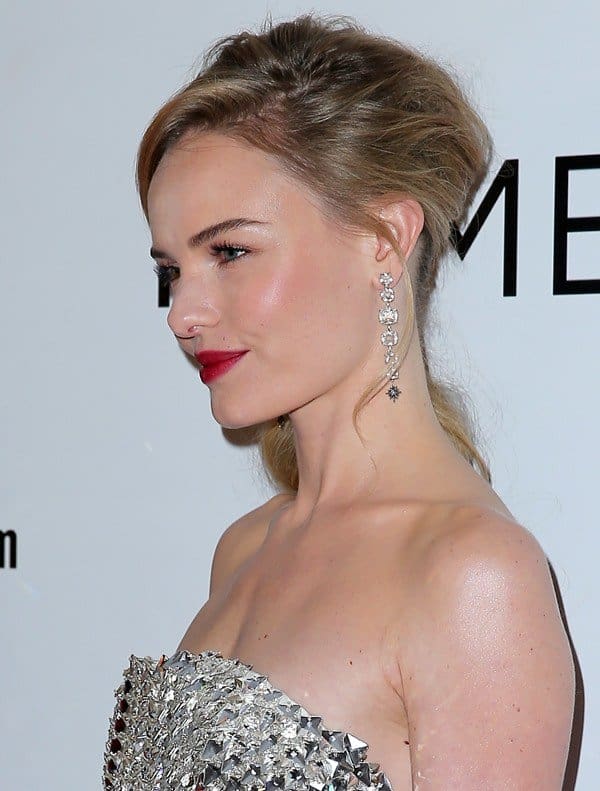 Kate Bosworth clips her hair back to show off her drop-crystal earrings at the "Homefront" premiere