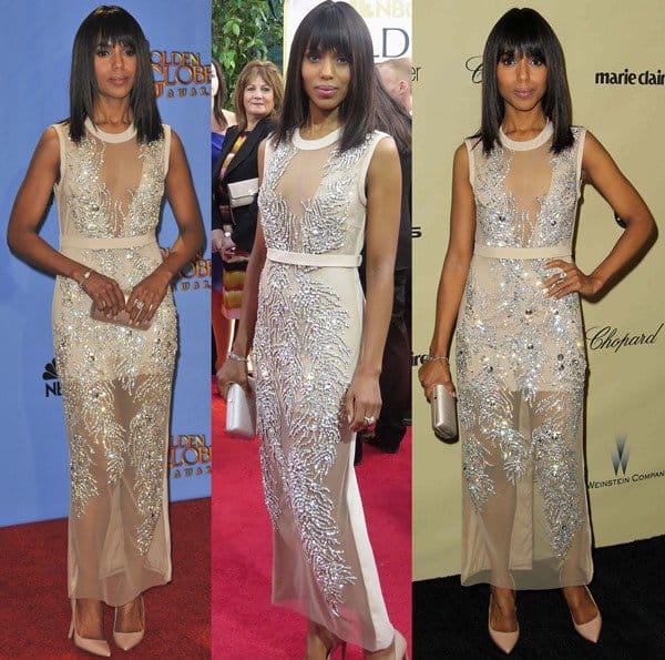 Actress Kerry Washington in a rhinestone-embellished semi-sheer nude Miu Miu dress at the 70th Annual Golden Globe Awards