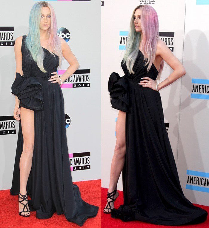 Ke$ha shows off her leg in a black Michael Costello dress