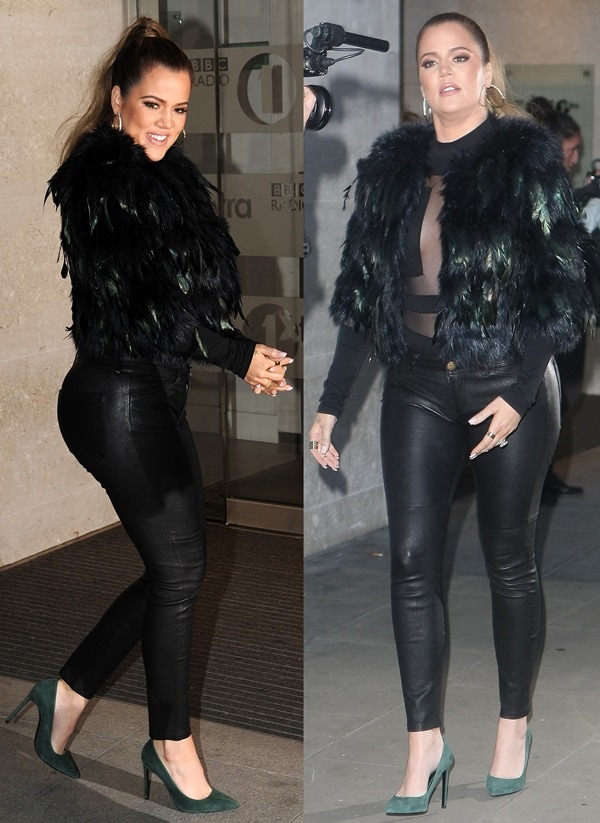 Khloé Kardashian wears leather pants with a feather jacket and green pumps