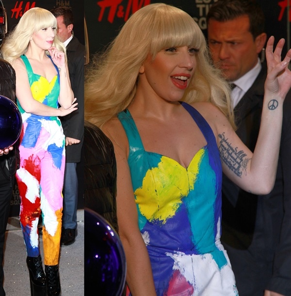 Lady Gaga shows off her blonde hair and tattoos at the opening of the Epic H&M Store in New York City's Times Square