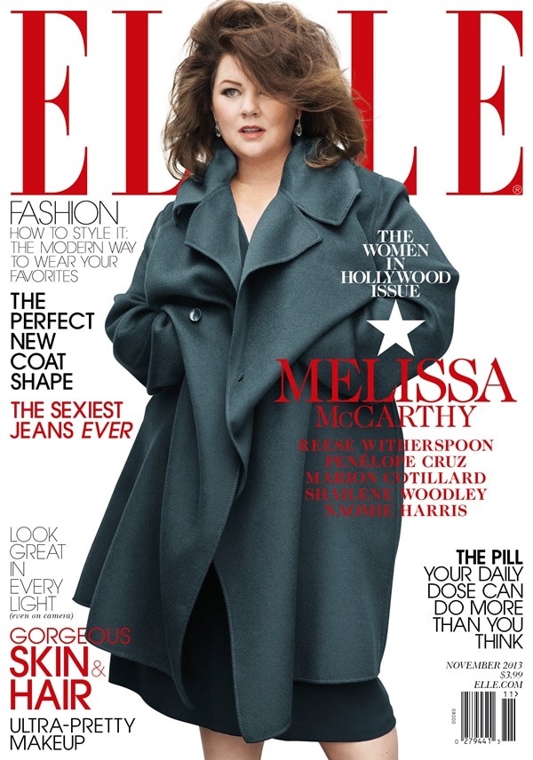 Melissa McCarthy stuns on Elle's November cover in a Marina Rinaldi dress and coat, sparking controversy over body image and fashion choices