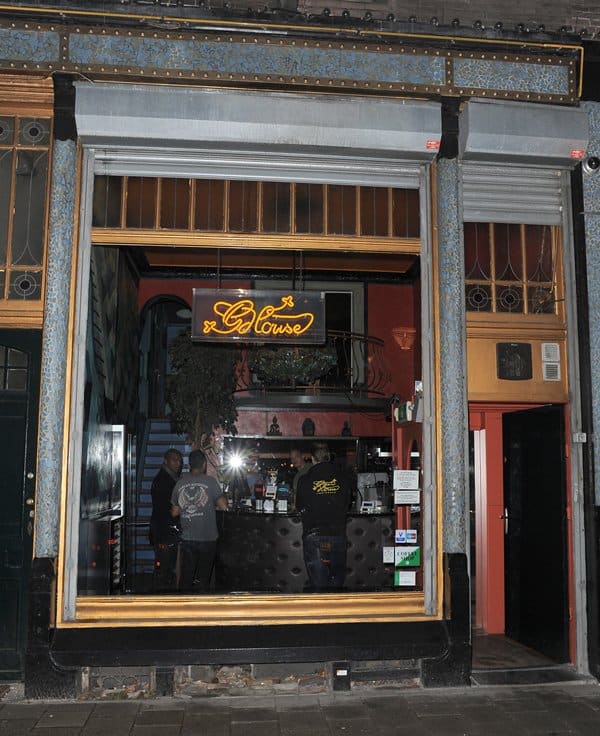 The storefront of Greenhouse Coffee Shop features a neon sign, a cozy interior, and a welcoming atmosphere