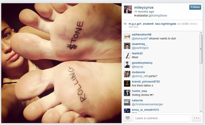 Miley Cyrus tattooed Rolling $tone on her feet to commemorate her first-ever Rolling Stone cover