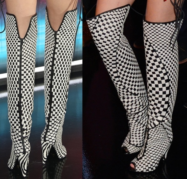 Miley Cyrus in monochrome chequered thigh-high boots by Tom Ford