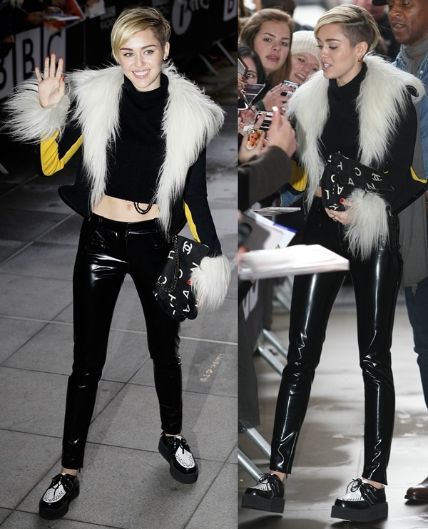 Miley Cyrus in skintight PVC trousers paired with a black fur-trimmed coat
