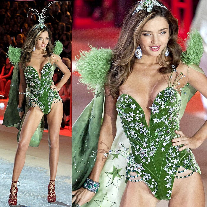 Miranda Kerr wears a green star-embellished look while walking in the Victoria's Secret Fashion Show
