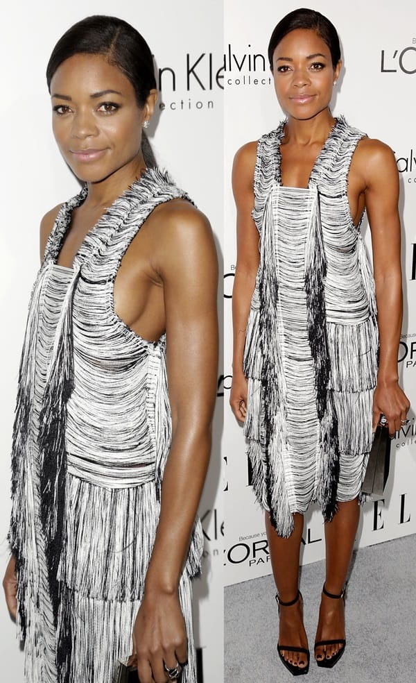Naomie Harris sported another unusual dress featuring fringed layers and a square neckline