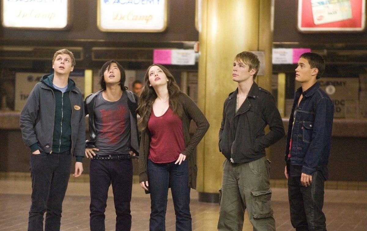 Michael Cera, Aaron Yoo, Kat Dennings, Jonathan B. Wright, and Rafi Gavron in the 2008 American romantic comedy-drama film Nick & Norah's Infinite Playlist