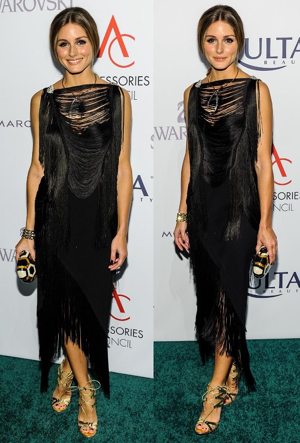 At the 17th Annual Accessories Council ACE Awards on November 4, 2013, Olivia Palermo dazzled in a fringed ensemble by Willow, complemented by Aquazzura Beverly Hills sandals in gold and accessorized with a Rafe Lizelle oval minaudière
