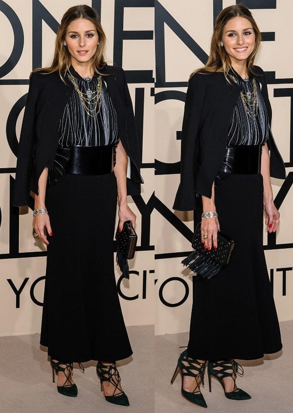 At the Giorgio Armani One Night Only event on October 24, 2013, Olivia Palermo exuded chic elegance in Aquazzura Belgravia lace-up suede pumps paired with a striking Christopher Kane for Topshop hard eyelet bag