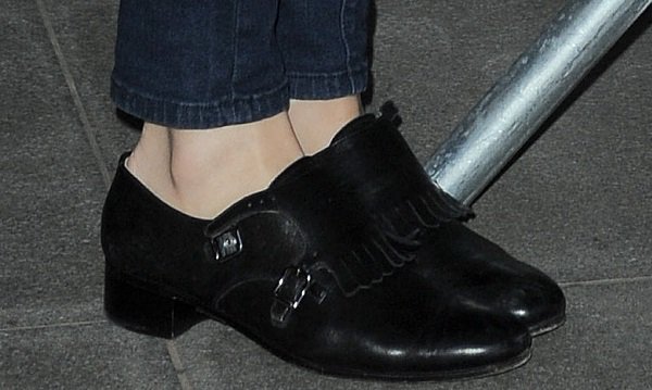 Pixie Lott's black low-heeled loafers