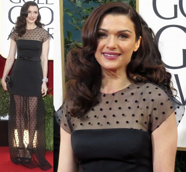 Actress Rachel Weisz in an interesting Louis Vuitton dress that played to the sheer and solid trend at the 70th Annual Golden Globe Awards