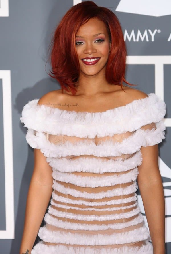 Rihanna at the 53rd Annual Grammy Awards at the Staples Center in Los Angeles on February 13, 2011, wearing a Jean Paul Gaultier couture gown