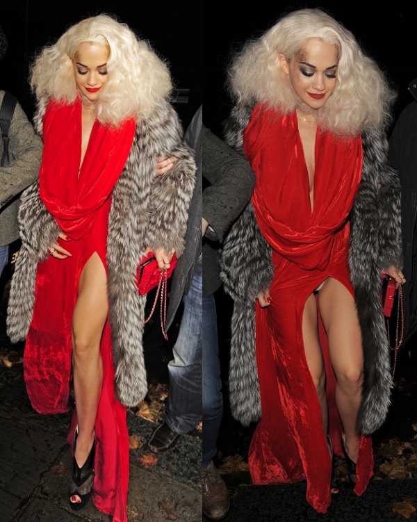 Rita Ora's scarlet dress revealed a lot of skin (and a glimpse of underwear) with its thigh-high slit and plunging neckline