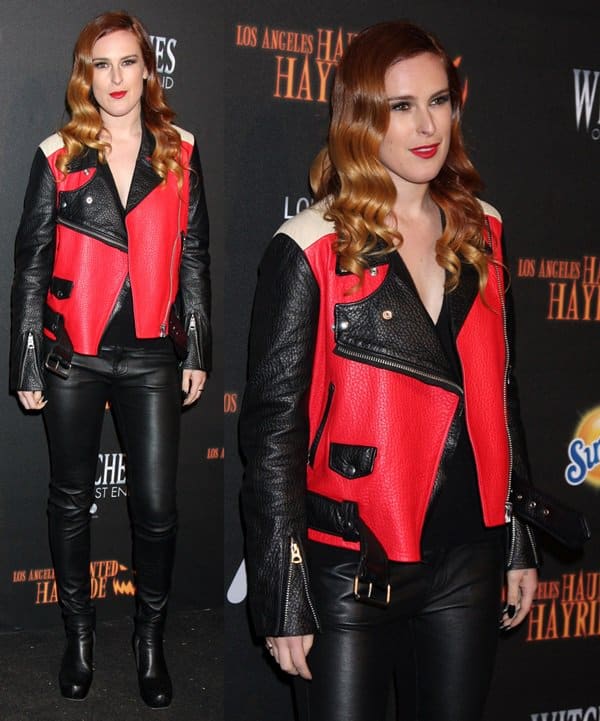 Rumer Willis wore an unflattering double leather trouser and jacket outfit at the premiere night of the 5th Annual Los Angeles Haunted Hayride