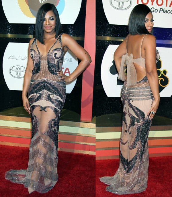 Ashanti rocking the sheer trend in a beaded dress by Reeve at the Soul Train Awards 2013