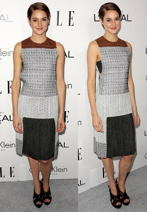 Shailene Woodley in a geometric tunic print dress at ELLE's 20th Annual Women in Hollywood Celebration